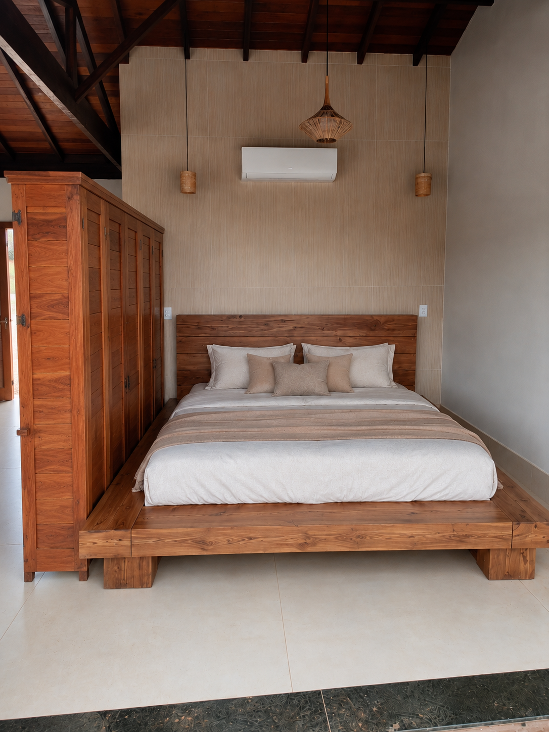 Quarto do chalé com cama e armário em composição final